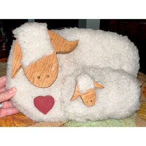 Vintage‎ Handmade Wooden Sheep Wall Hanging 11"x7.5" Fuzzy Lamb Folk Art Decor
